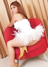 Upskirt view in a white dress